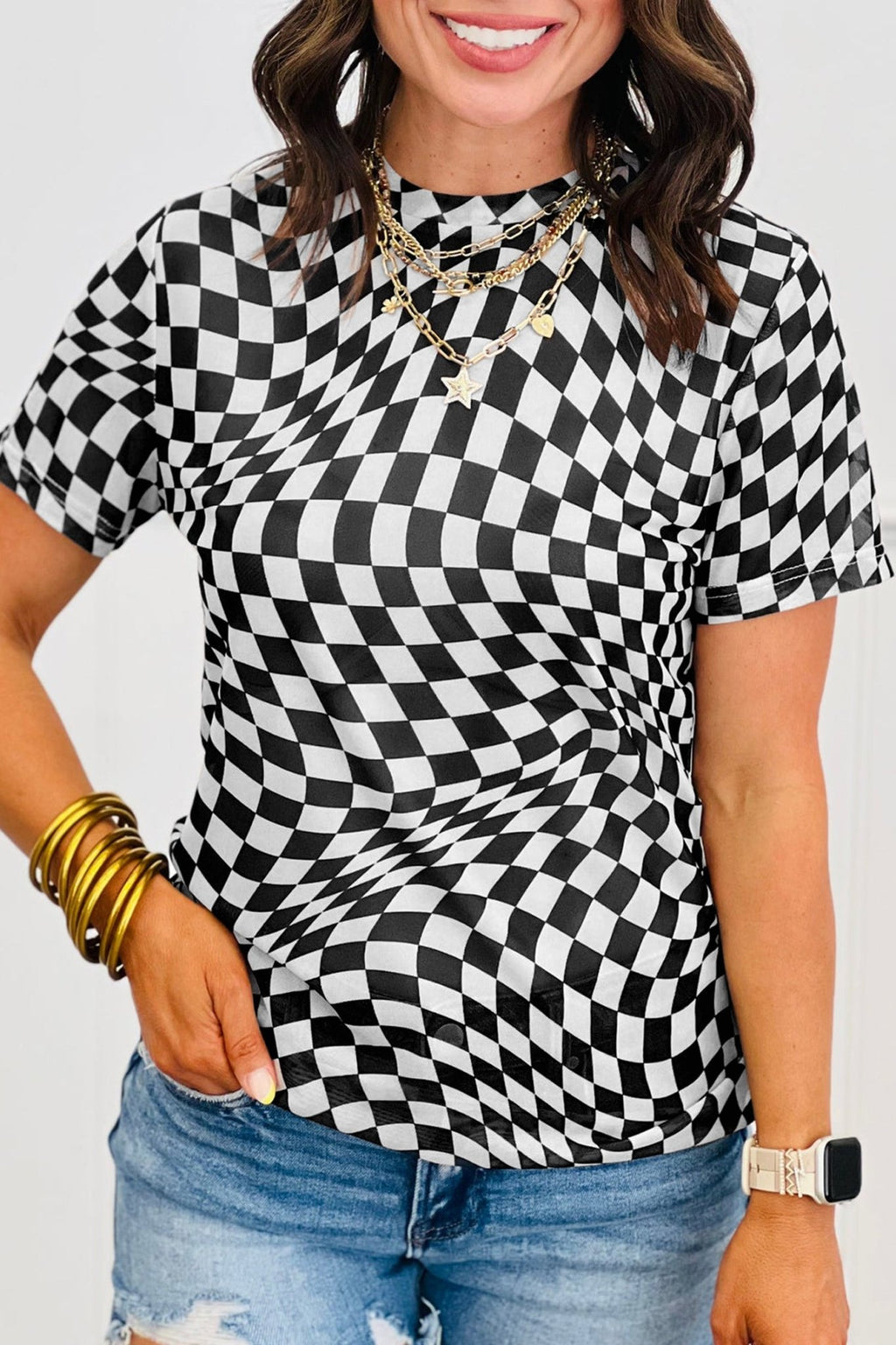 Checker Mesh Mock Neck Short Sleeve T-Shirt - Rooted & Reckless Co.