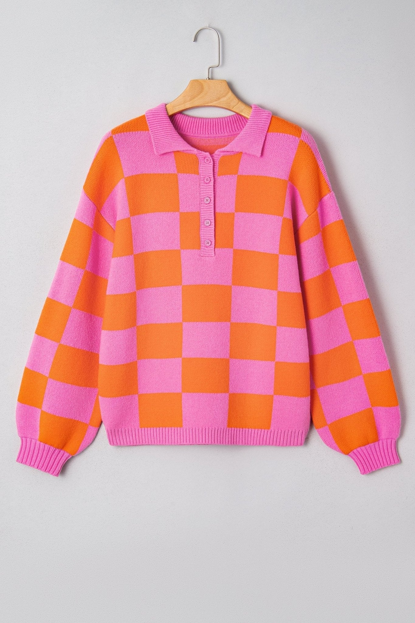 Checker Polo Collar Baggy Knit Sweater - Rooted & Reckless Co.