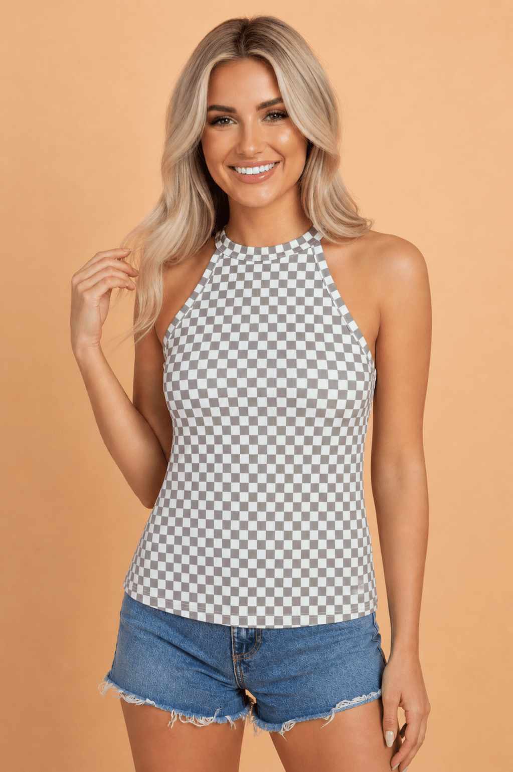 Checker Ribbed Knit Halter Tank Top - Rooted & Reckless Co.