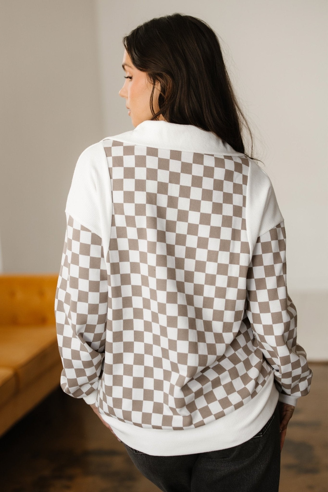 Checker Ribbed Patchwork Quarter Zip Sweatshirt - Rooted & Reckless Co.