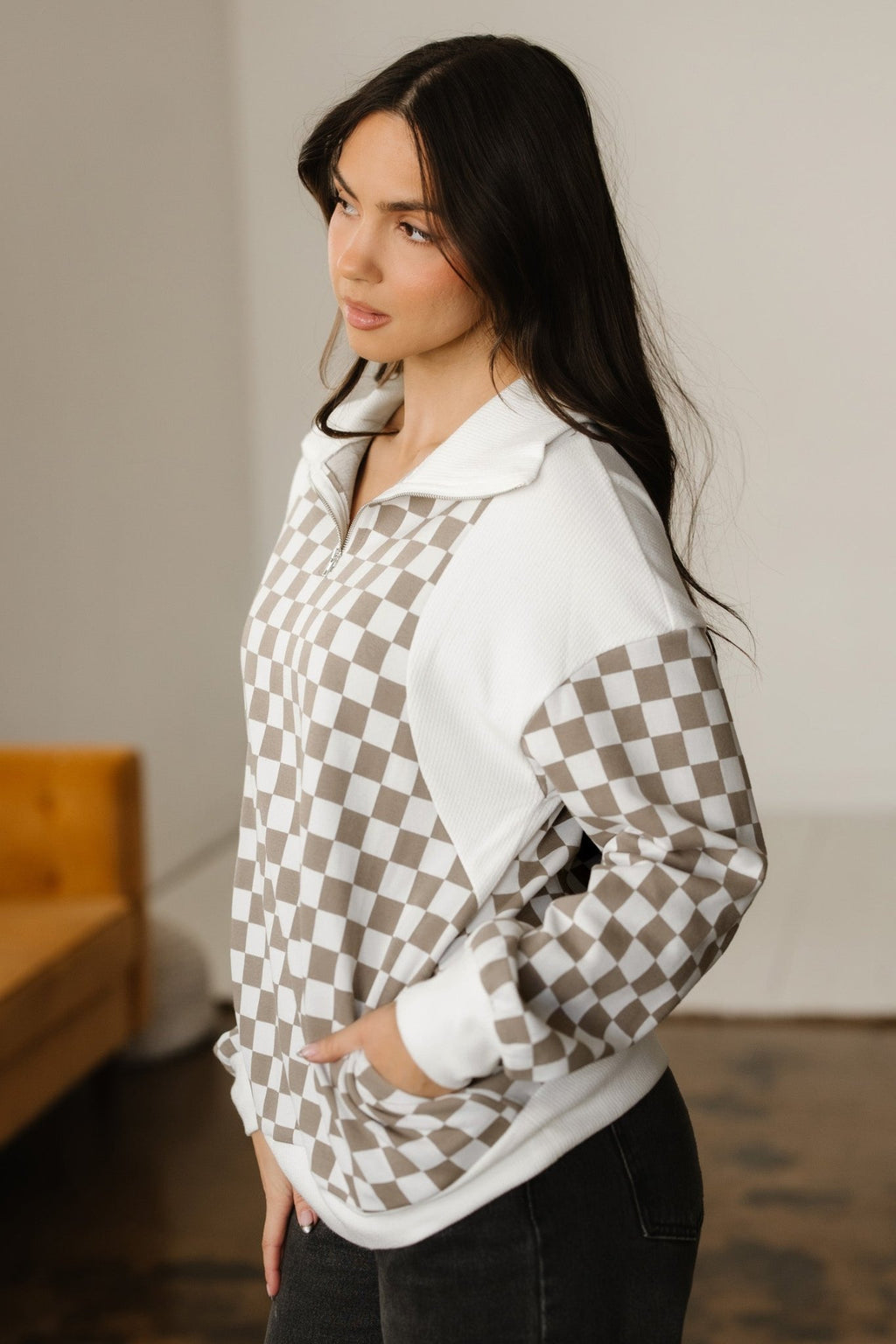 Checker Ribbed Patchwork Quarter Zip Sweatshirt - Rooted & Reckless Co.