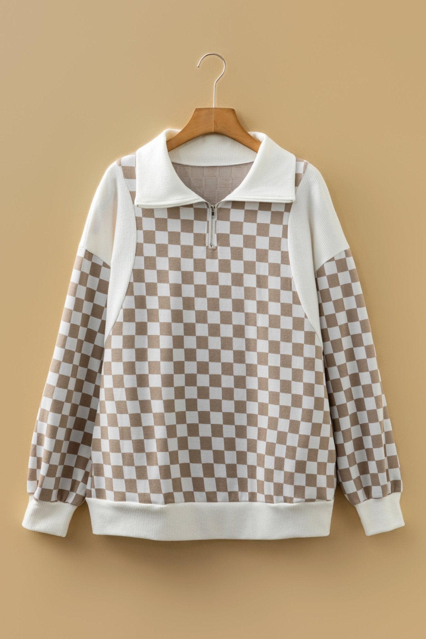 Checker Ribbed Patchwork Quarter Zip Sweatshirt - Rooted & Reckless Co.
