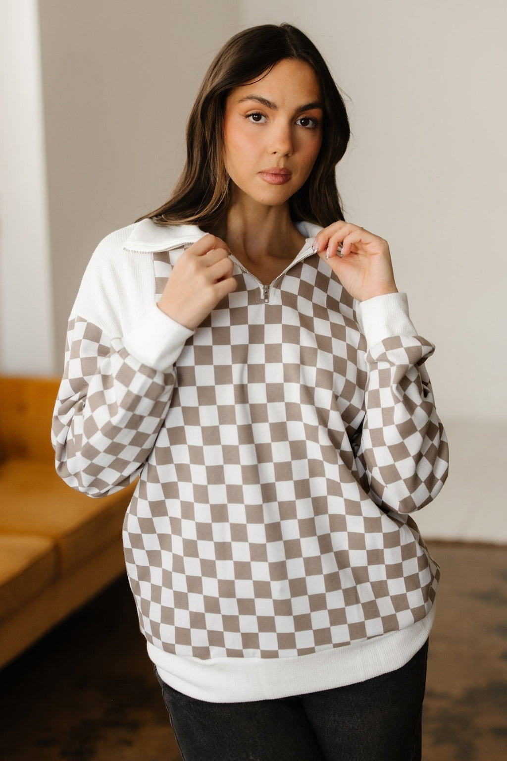 Checker Ribbed Patchwork Quarter Zip Sweatshirt - Rooted & Reckless Co.