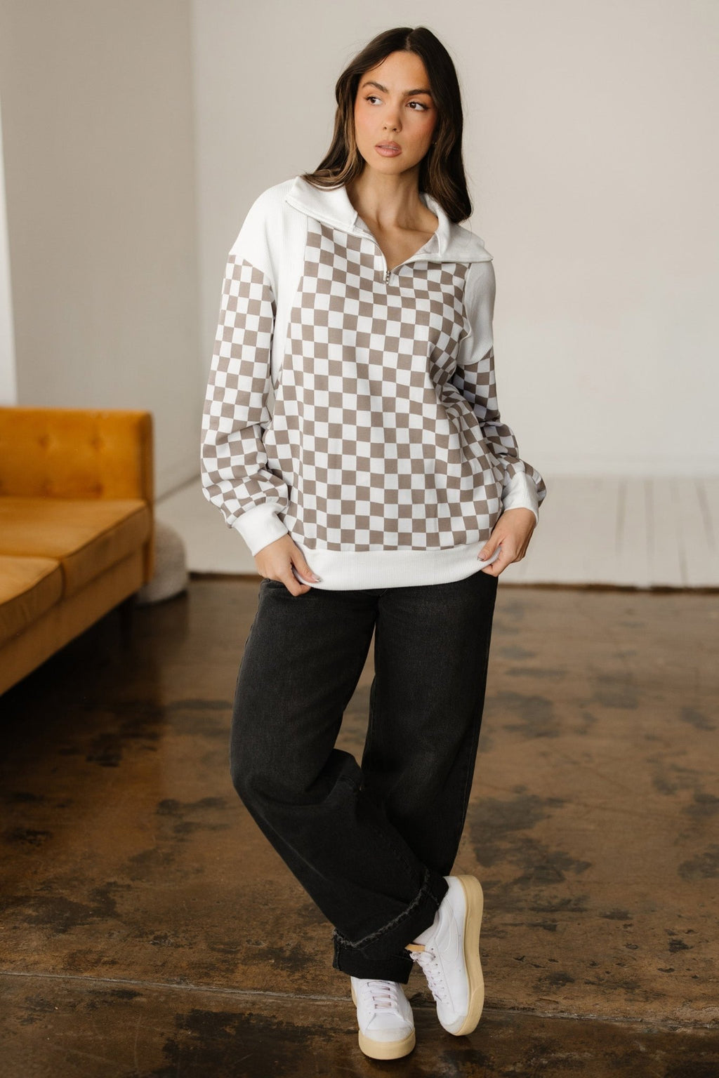 Checker Ribbed Patchwork Quarter Zip Sweatshirt - Rooted & Reckless Co.