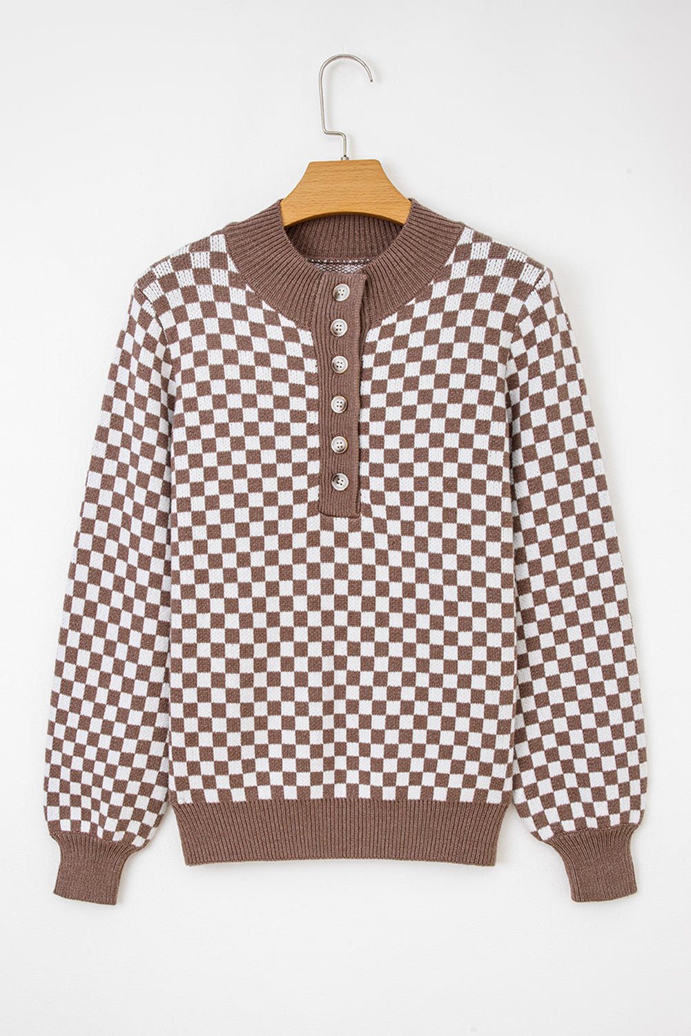 Checker Ribbed Trim Half-Button Sweater - Rooted & Reckless Co.