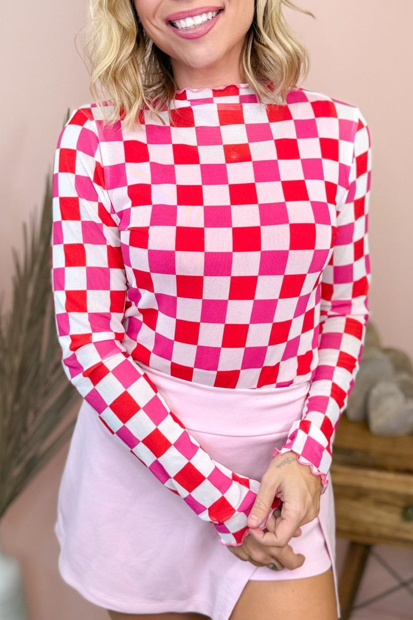 Checker Sheer Mesh Long Sleeve Blouse - Rooted & Reckless Co.