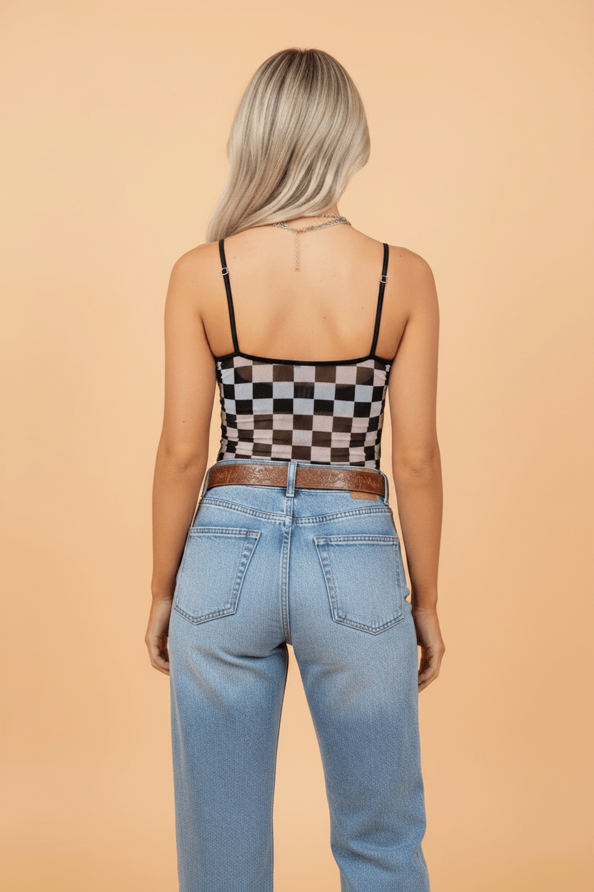 Checker Sheer Mesh Spaghetti Strap Tank Top - Rooted & Reckless Co.