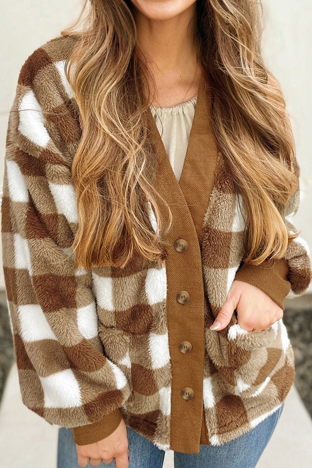 Checker Sherpa Button-Up Pocketed Cardigan - Rooted & Reckless Co.