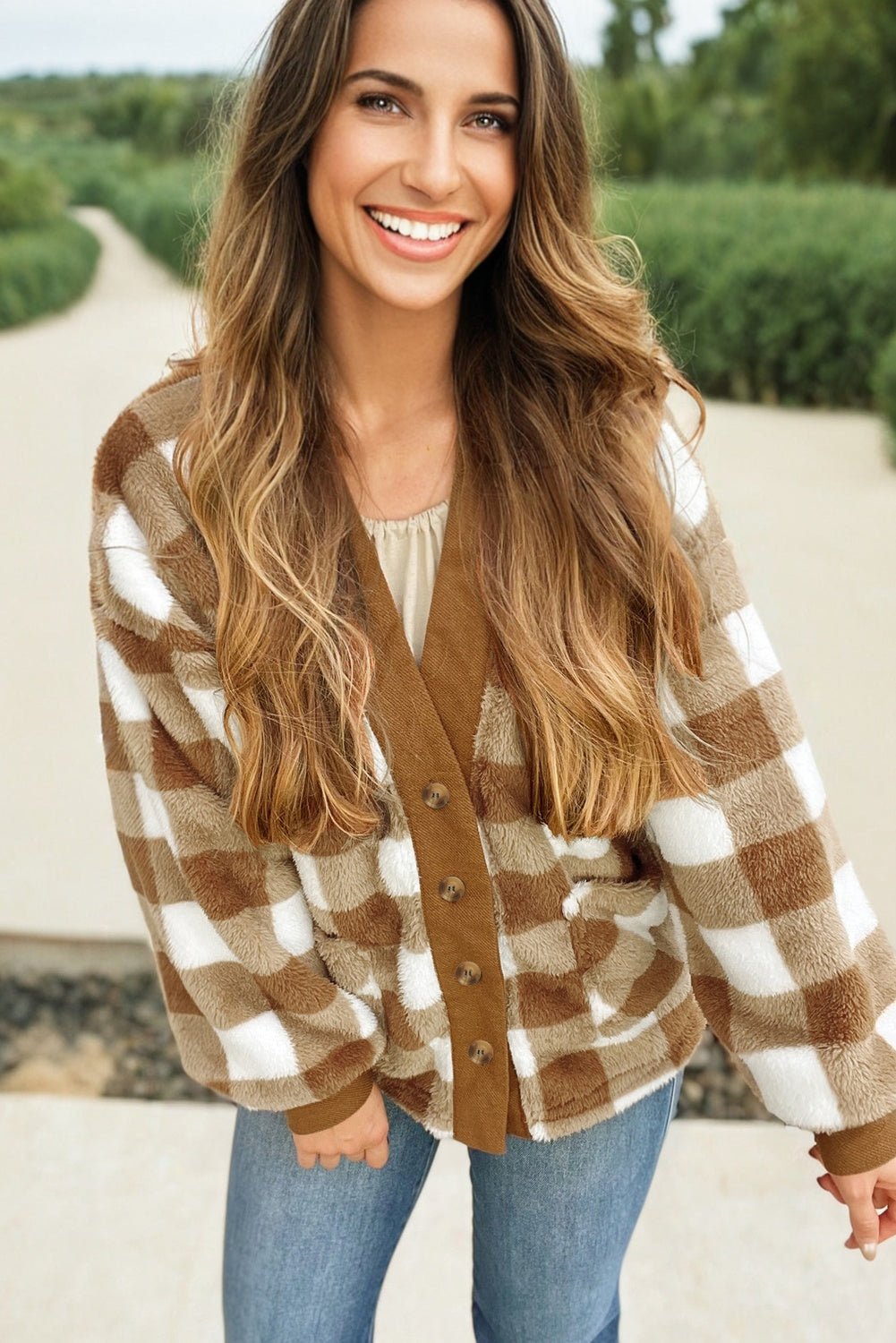 Checker Sherpa Button-Up Pocketed Cardigan - Rooted & Reckless Co.