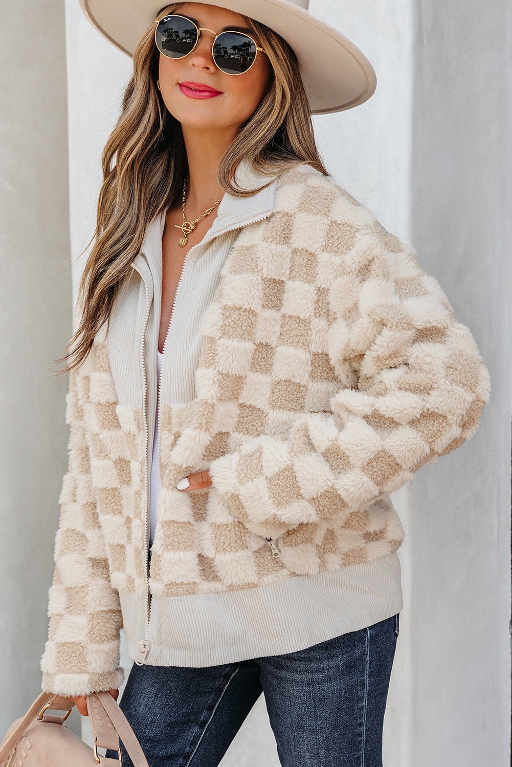 Checker Sherpa Corduroy Patchwork Zip-Up Jacket - Rooted & Reckless Co.