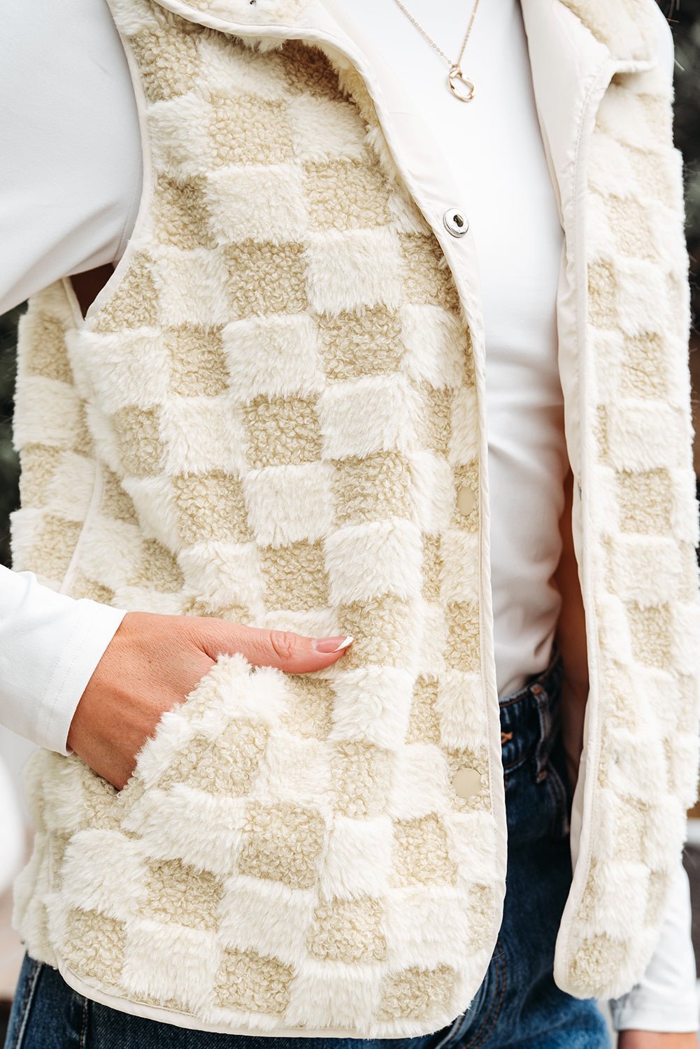 Checker Sherpa Snap Button Vest Jacket With Pockets - Rooted & Reckless Co.