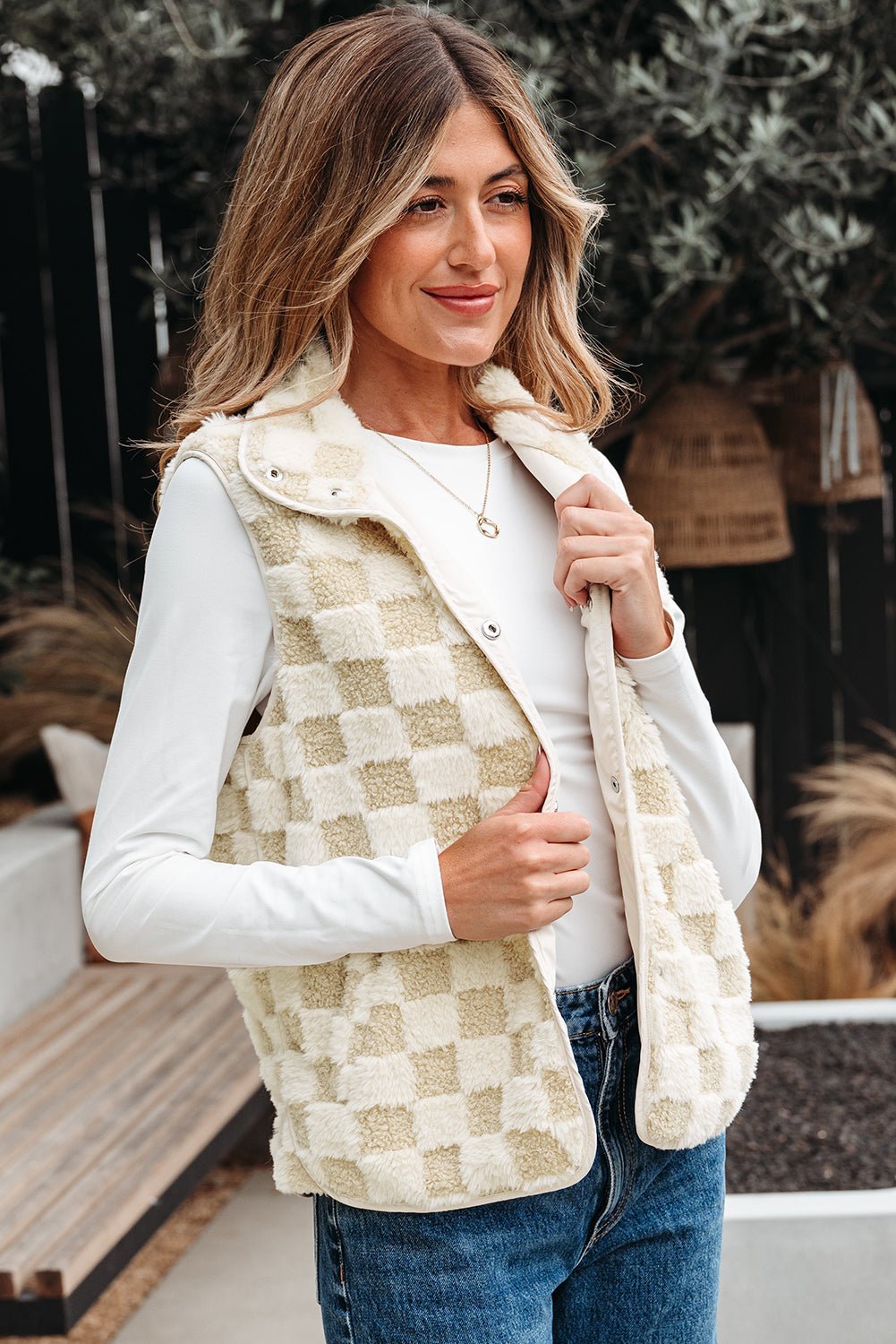 Checker Sherpa Snap Button Vest Jacket With Pockets - Rooted & Reckless Co.