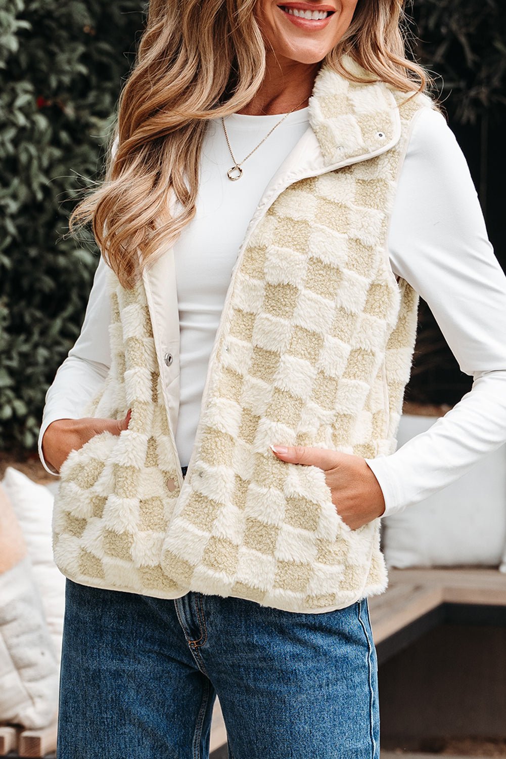 Checker Sherpa Snap Button Vest Jacket With Pockets - Rooted & Reckless Co.