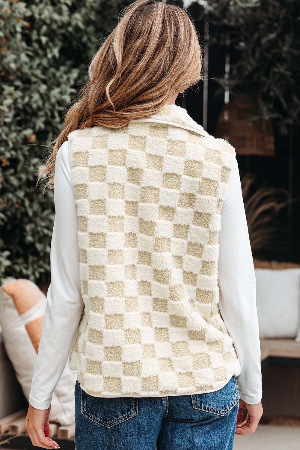 Checker Sherpa Snap Button Vest Jacket With Pockets - Rooted & Reckless Co.