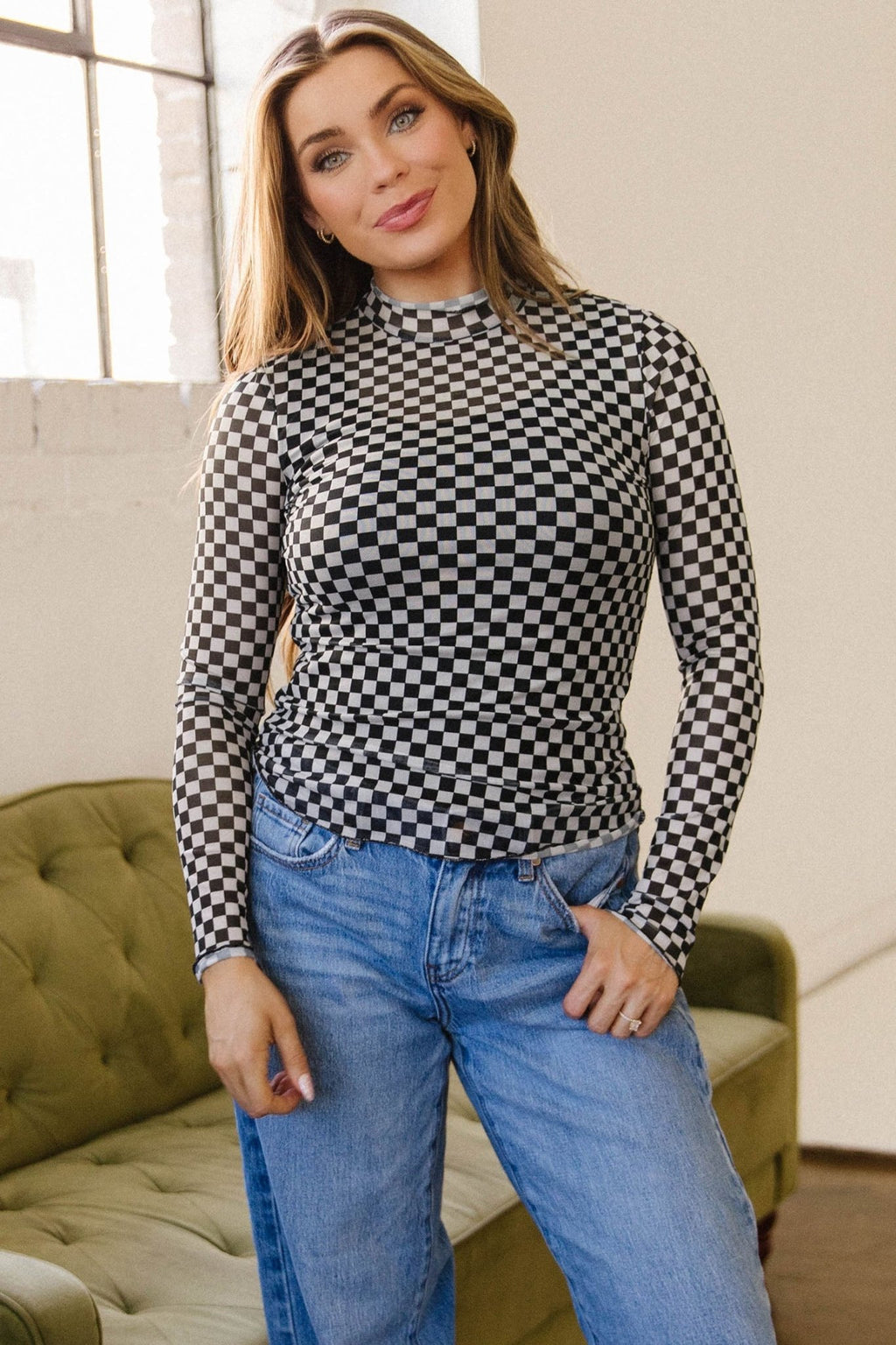 Checker Stand Neck Long Sleeve Mesh Top - Rooted & Reckless Co.