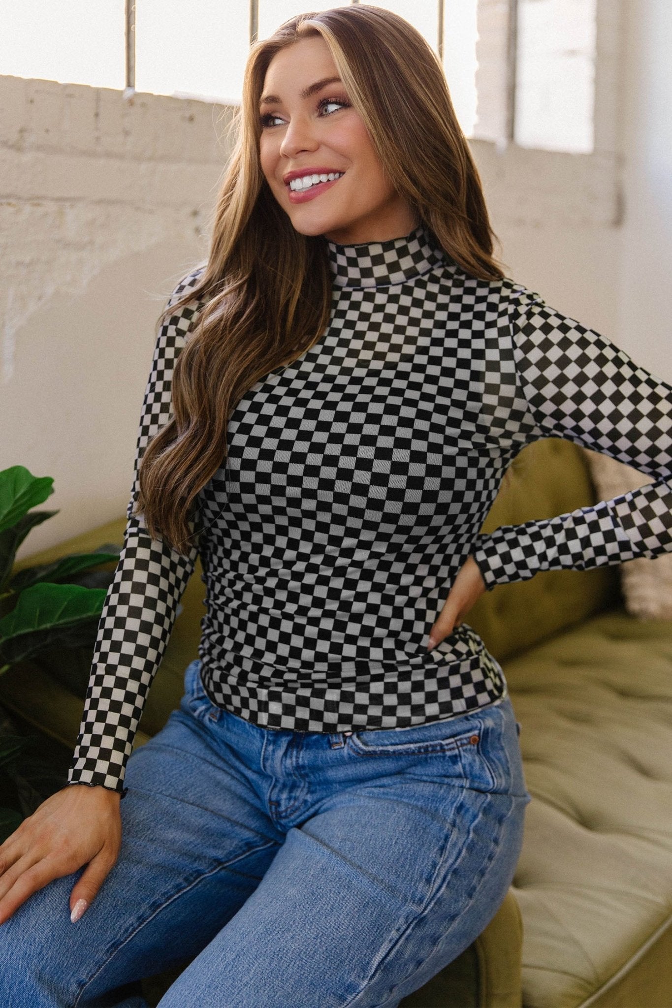 Checker Stand Neck Long Sleeve Mesh Top - Rooted & Reckless Co.