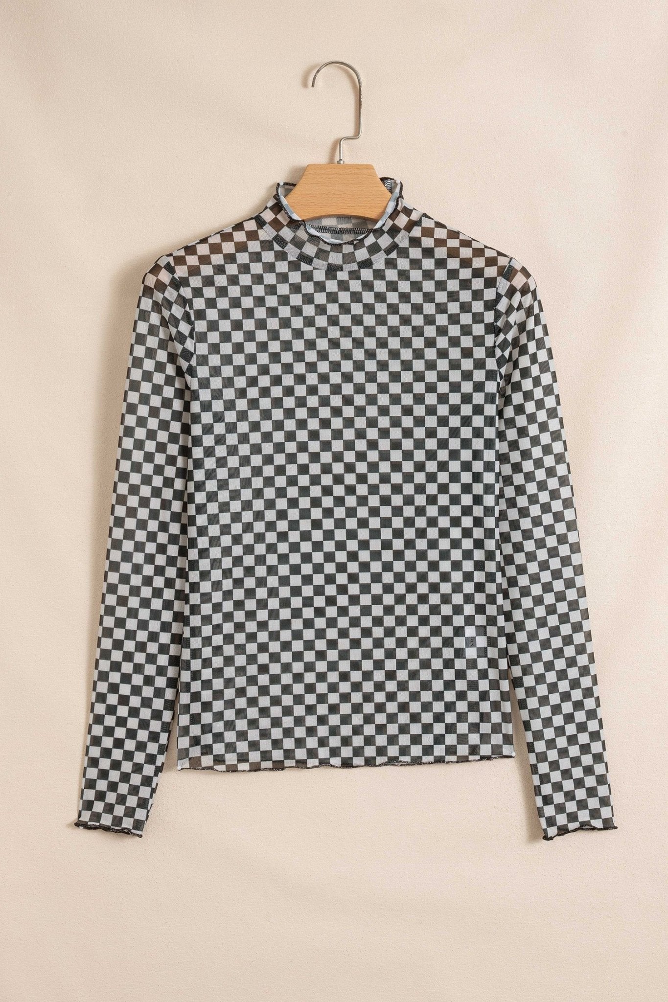 Checker Stand Neck Long Sleeve Mesh Top - Rooted & Reckless Co.