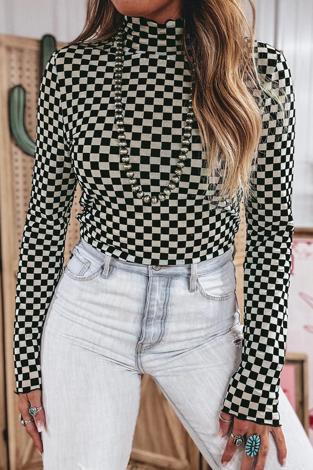 Checker Stand Neck Long Sleeve Mesh Top - Rooted & Reckless Co.