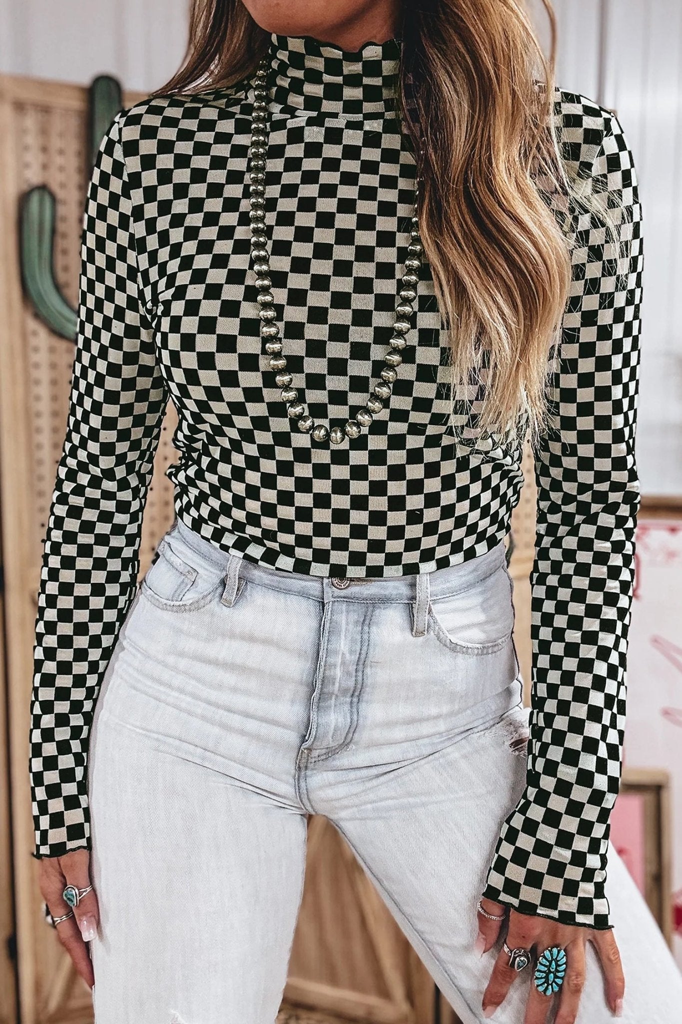 Checker Stand Neck Long Sleeve Mesh Top - Rooted & Reckless Co.