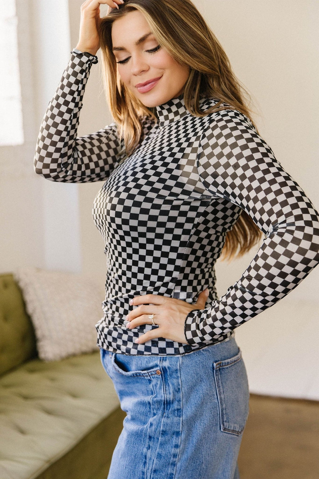 Checker Stand Neck Long Sleeve Mesh Top - Rooted & Reckless Co.
