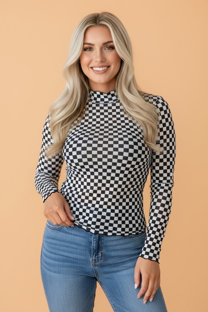 Checker Stand Neck Long Sleeve Mesh Top - Rooted & Reckless Co.