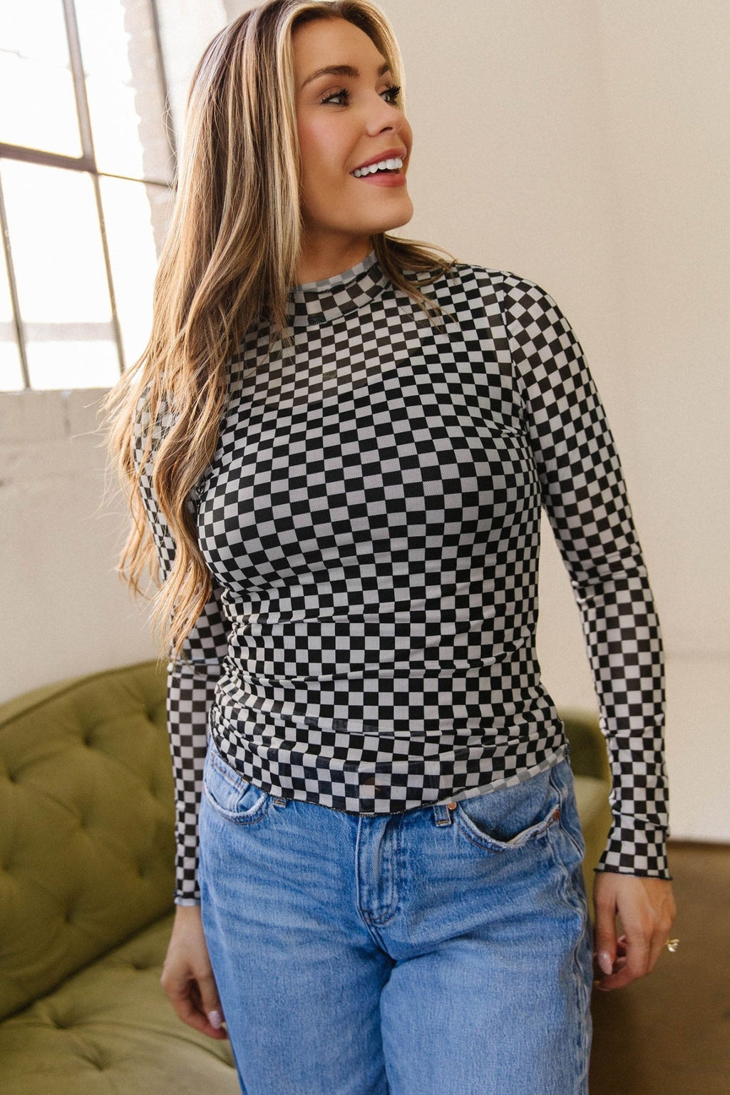 Checker Stand Neck Long Sleeve Mesh Top - Rooted & Reckless Co.
