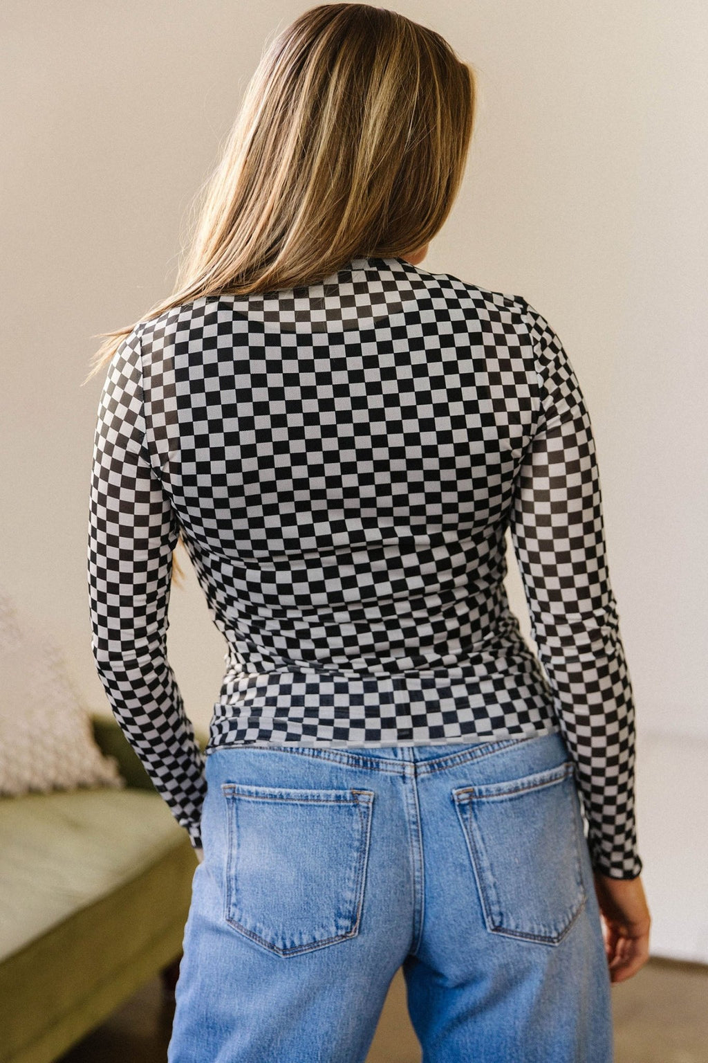 Checker Stand Neck Long Sleeve Mesh Top - Rooted & Reckless Co.