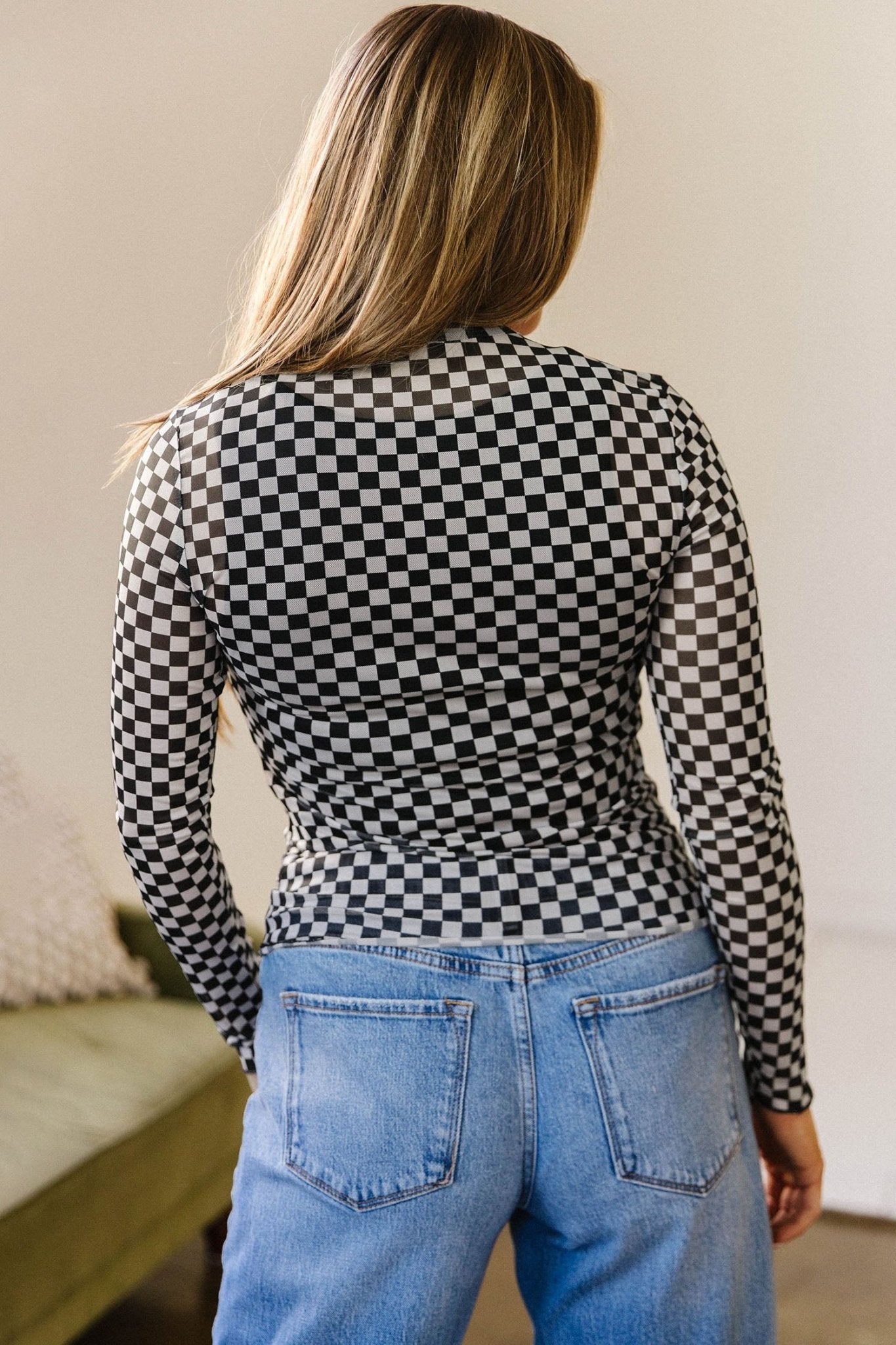 Checker Stand Neck Long Sleeve Mesh Top - Rooted & Reckless Co.