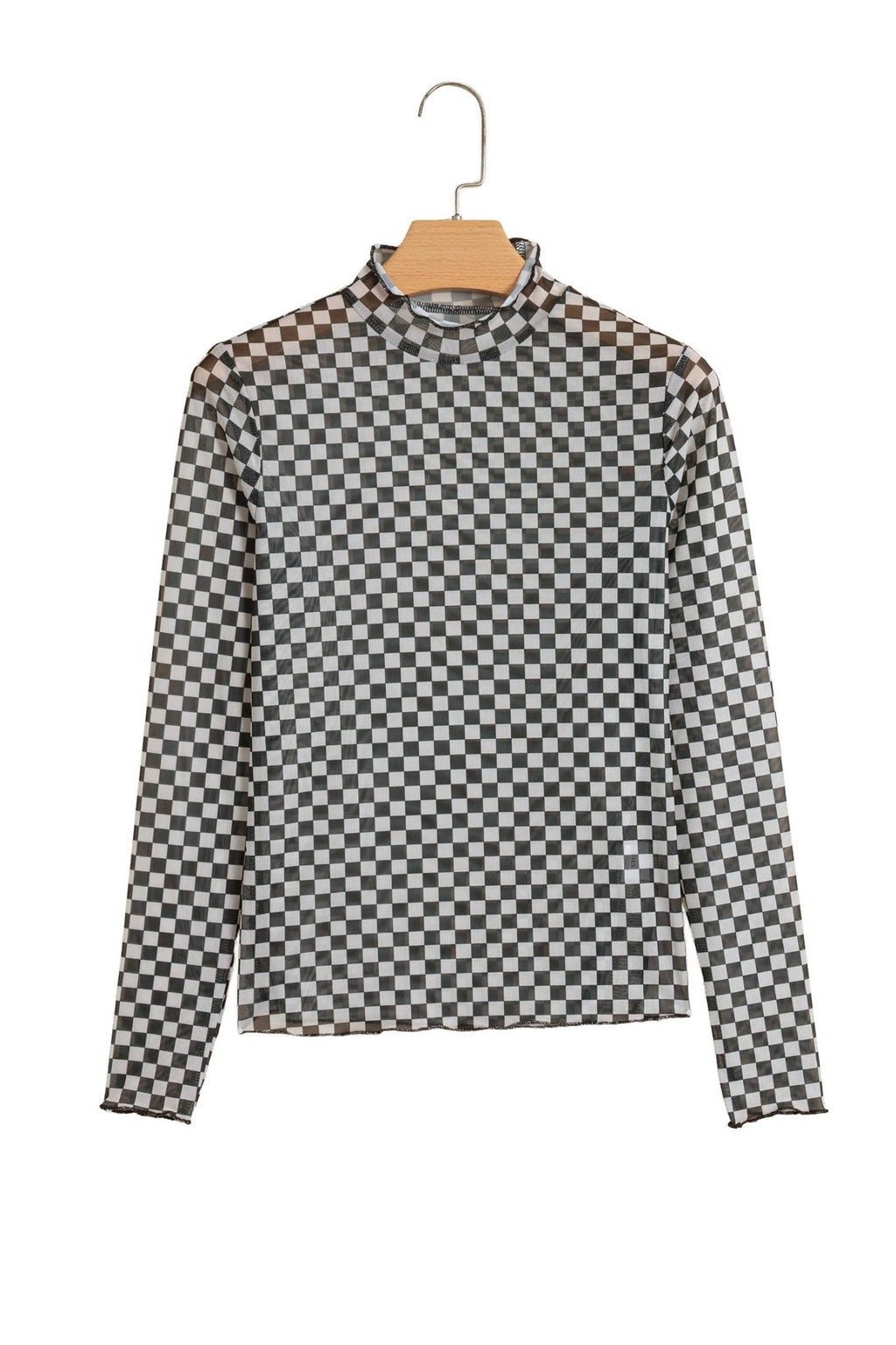 Checker Stand Neck Long Sleeve Mesh Top - Rooted & Reckless Co.