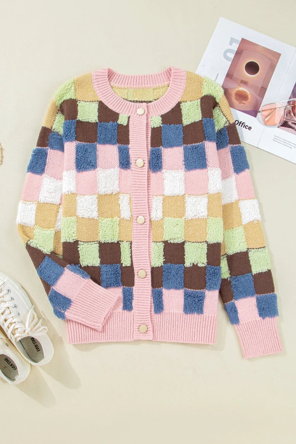 Checker Textured Knit Button Front Cardigan Sweater - Rooted & Reckless Co.