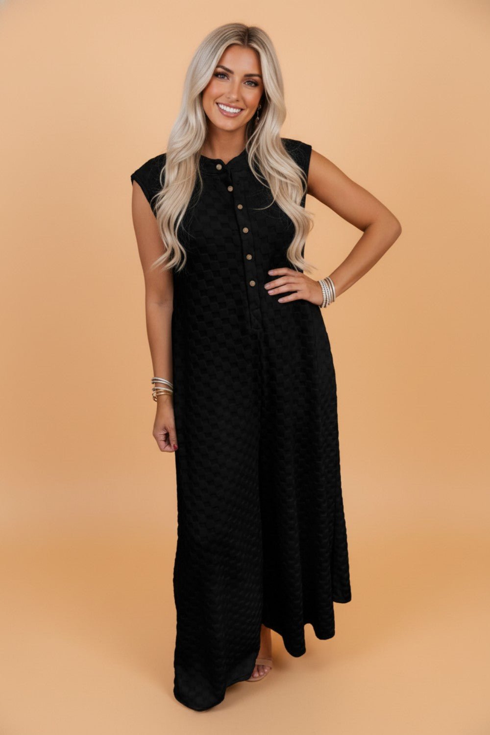 Checker Textured Sleeveless Wide Leg Jumpsuit - Rooted & Reckless Co.