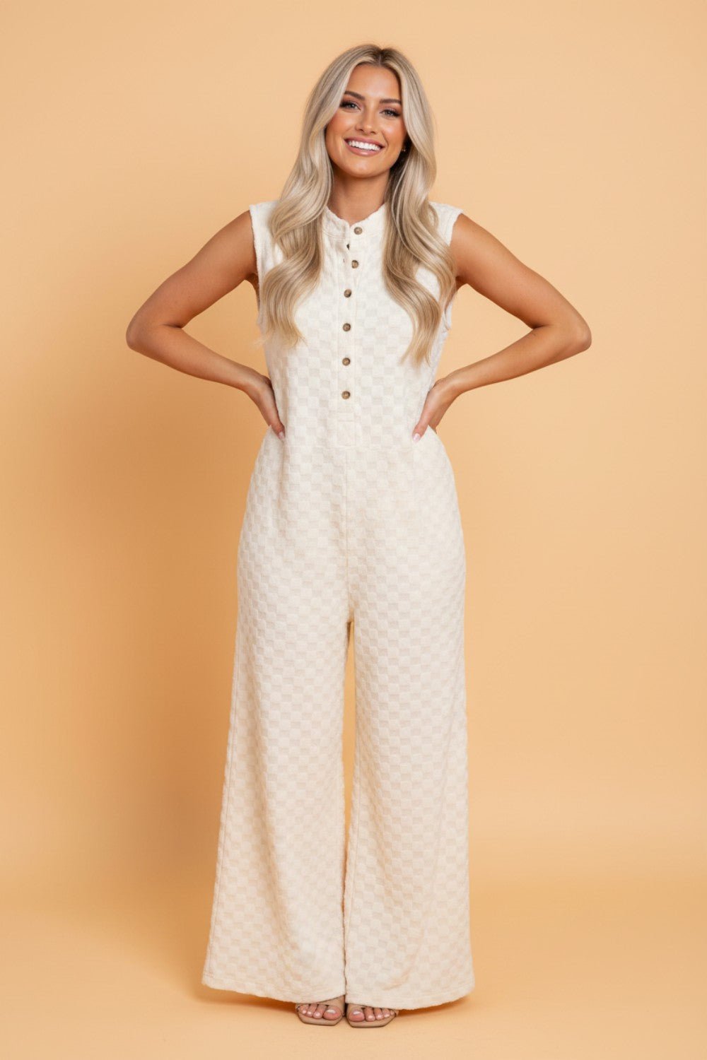 Checker Textured Sleeveless Wide Leg Jumpsuit - Rooted & Reckless Co.