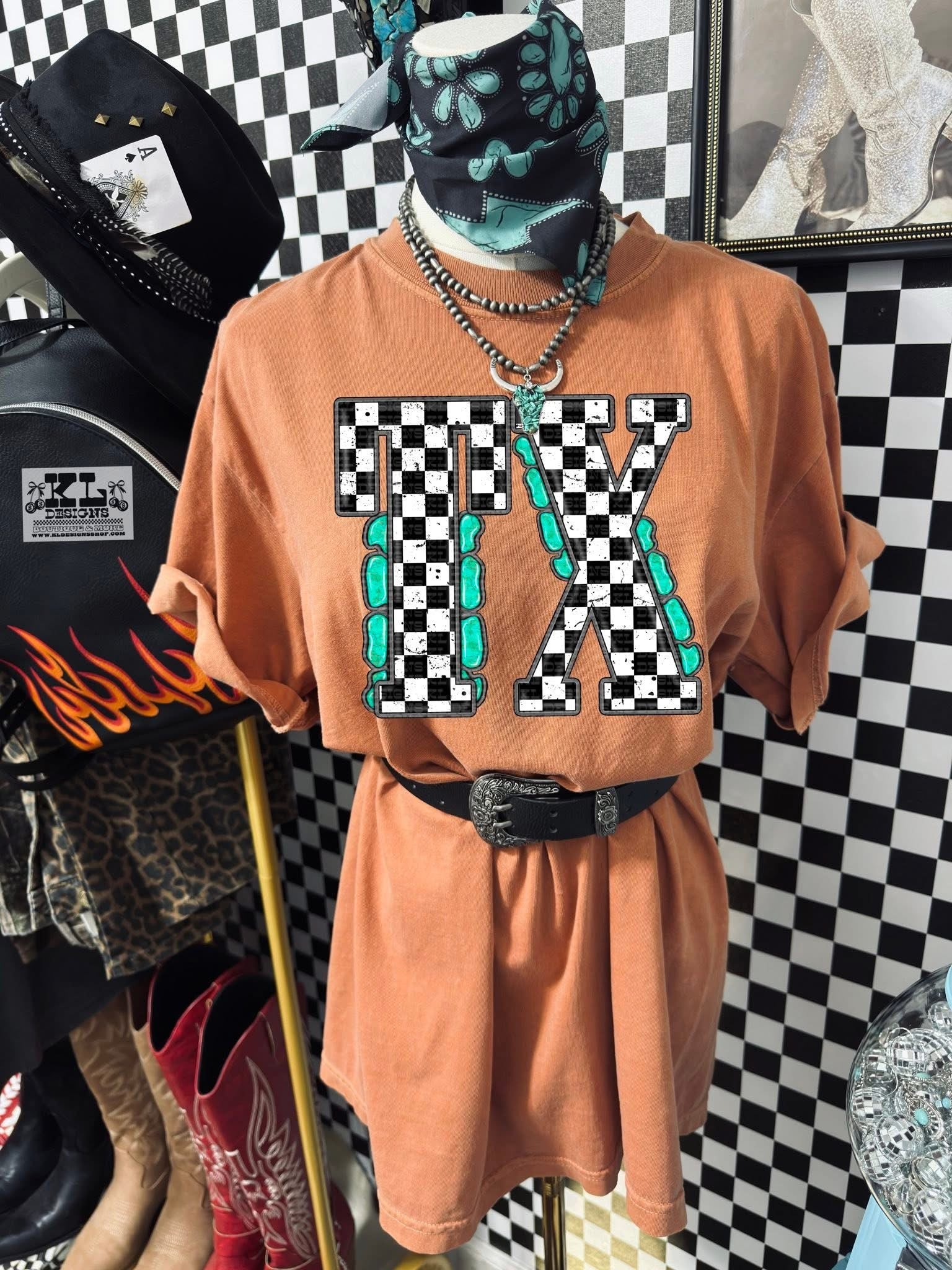 Checker & turquoise TX tee or sweatshirt - Rooted & Reckless Co.