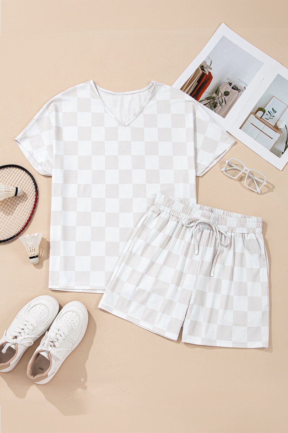Checker V-Neck Tee & Drawstring Shorts Set - Rooted & Reckless Co.