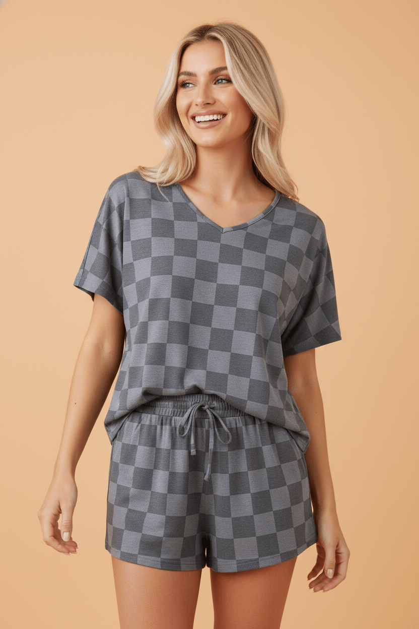 Checker V-Neck Tee & Drawstring Shorts Set - Rooted & Reckless Co.
