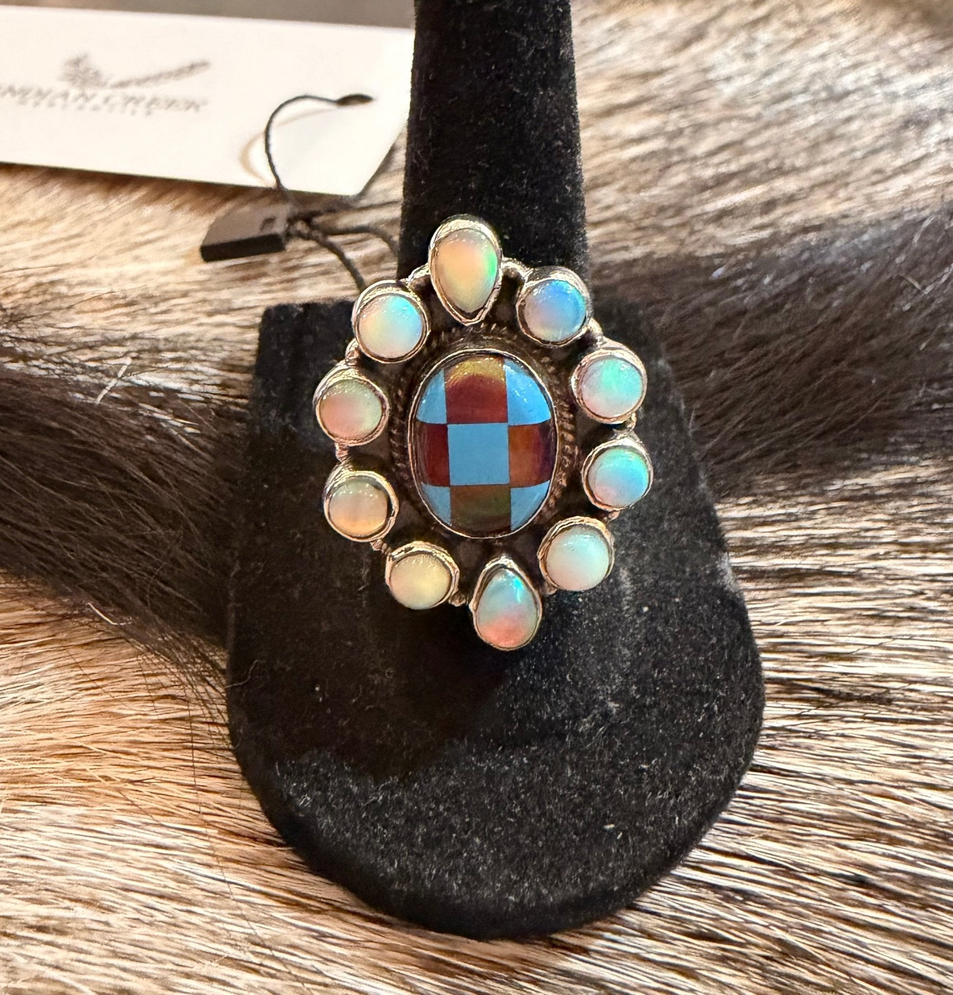 Checkered and Opal Adjustable Sterling Ring - Rooted & Reckless Co.