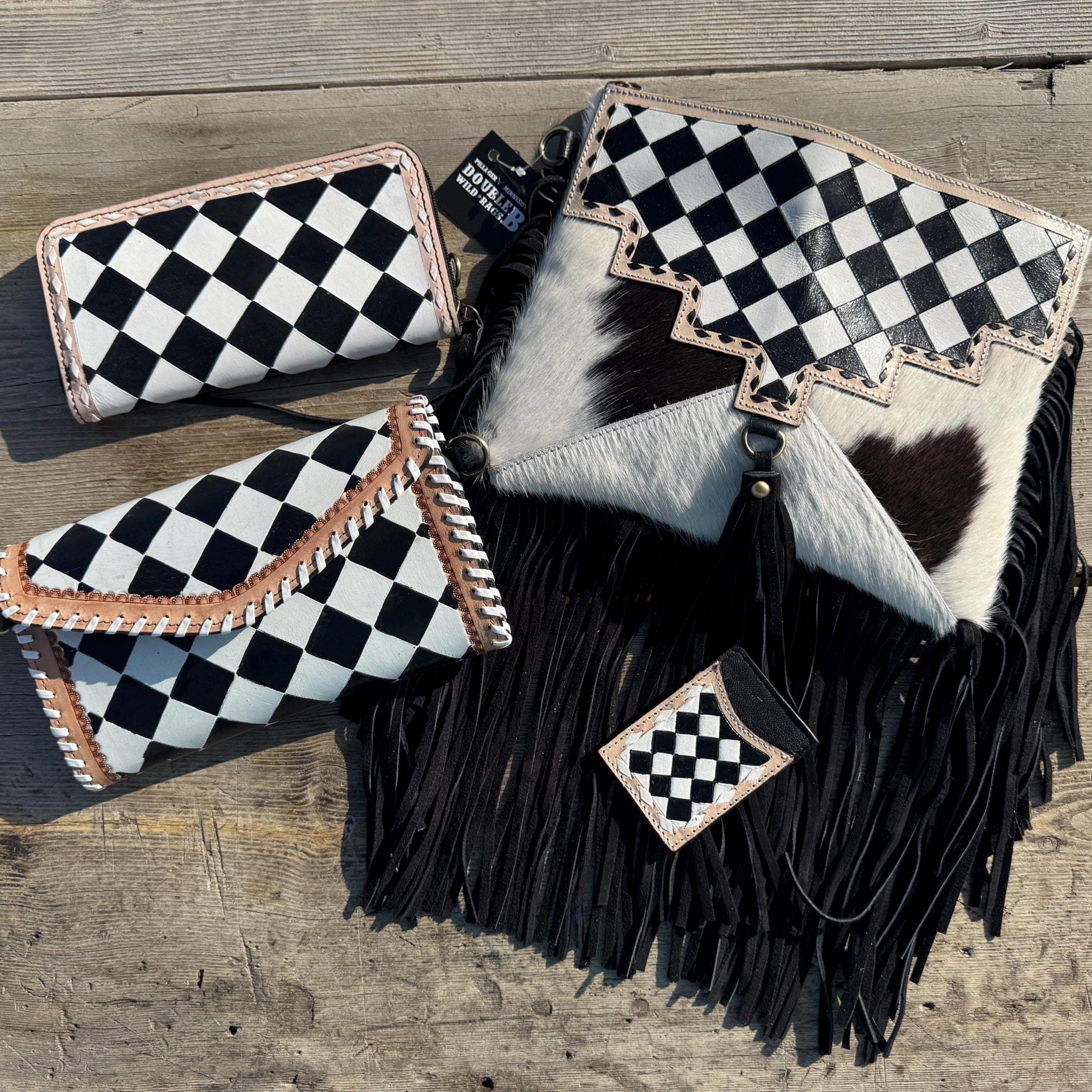 Checkered Black and White Genuine Leather Western Purse, Wallet, OR Clutch by Double B Wild Rags - Rooted & Reckless Co.