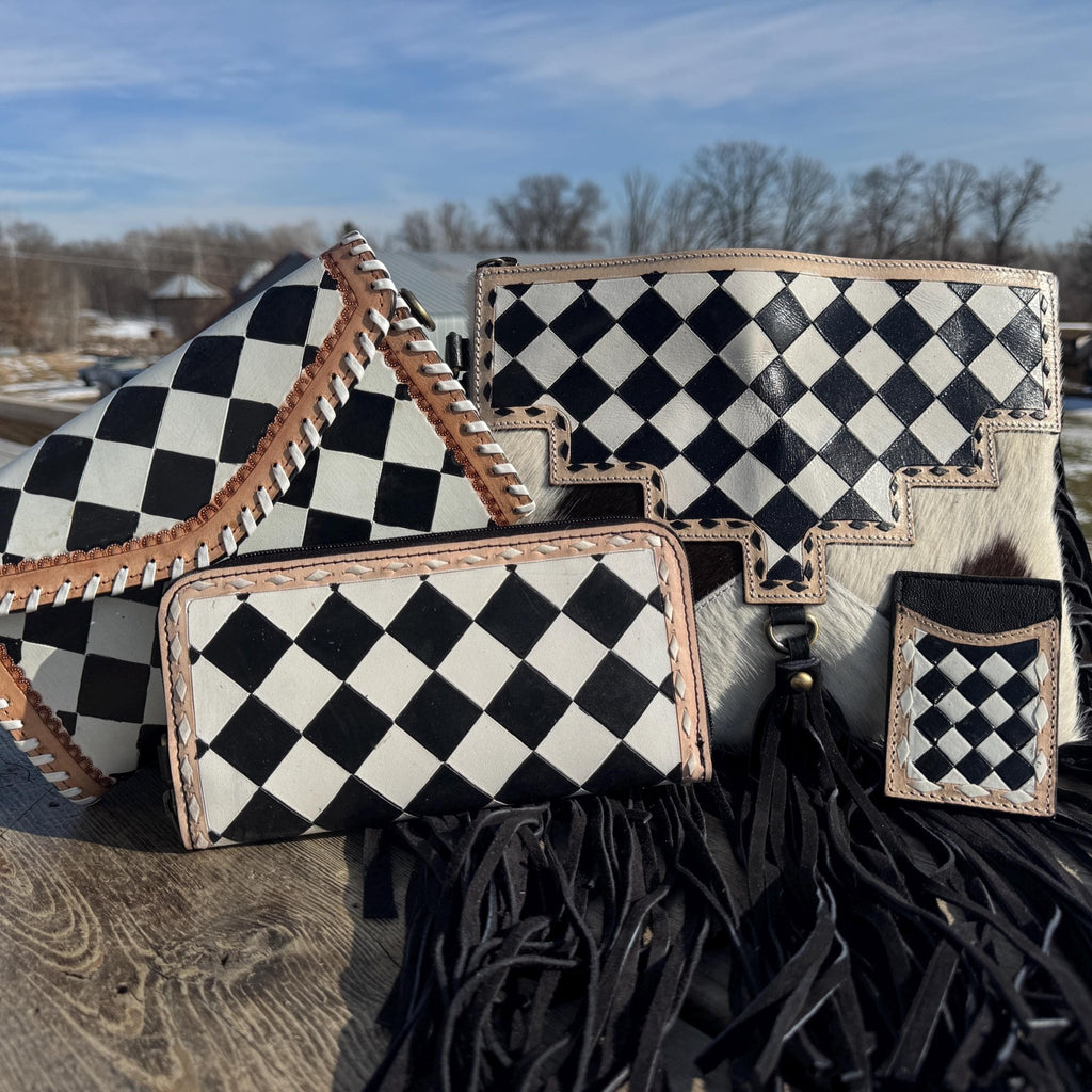Checkered Black and White Genuine Leather Western Purse, Wallet, OR Clutch by Double B Wild Rags - Rooted & Reckless Co.