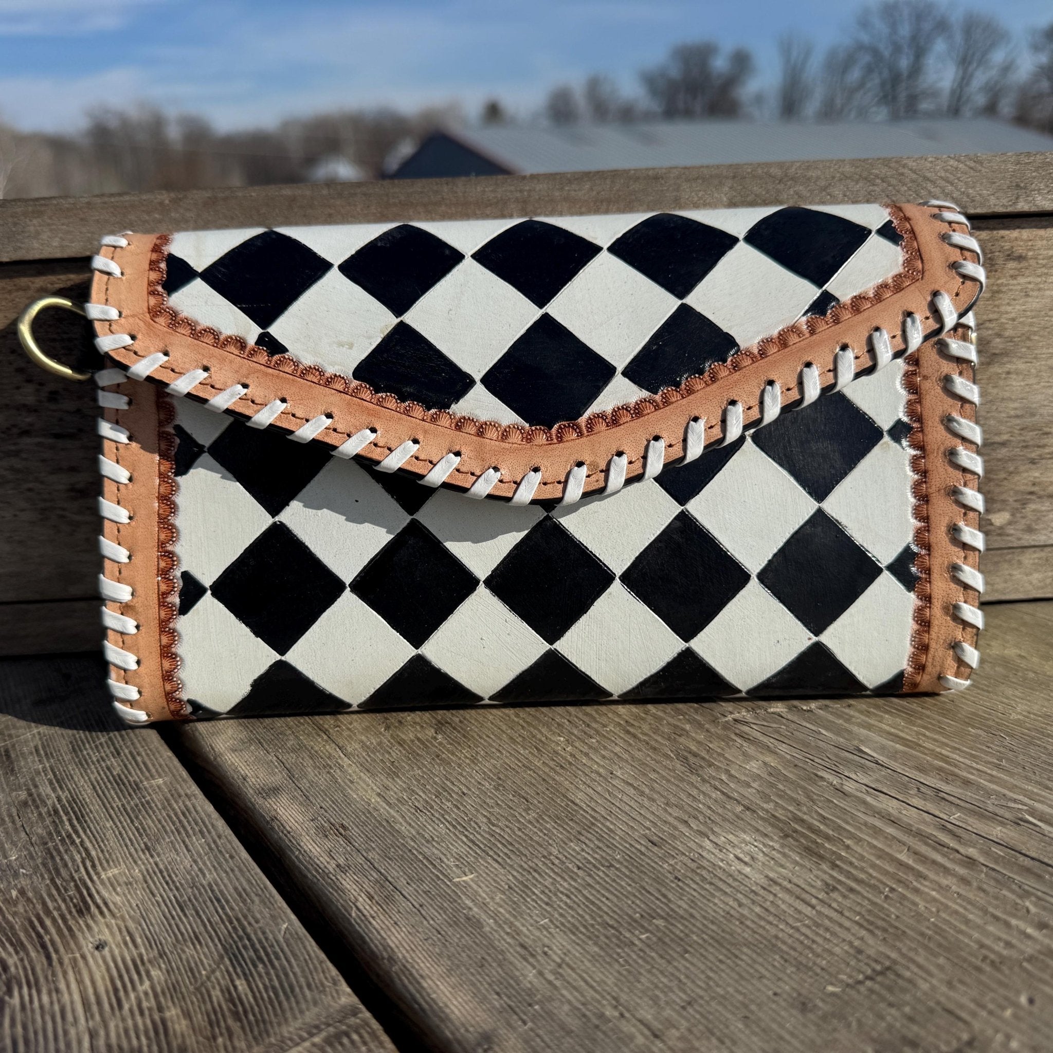 Checkered Black and White Genuine Leather Western Purse, Wallet, OR Clutch by Double B Wild Rags - Rooted & Reckless Co.