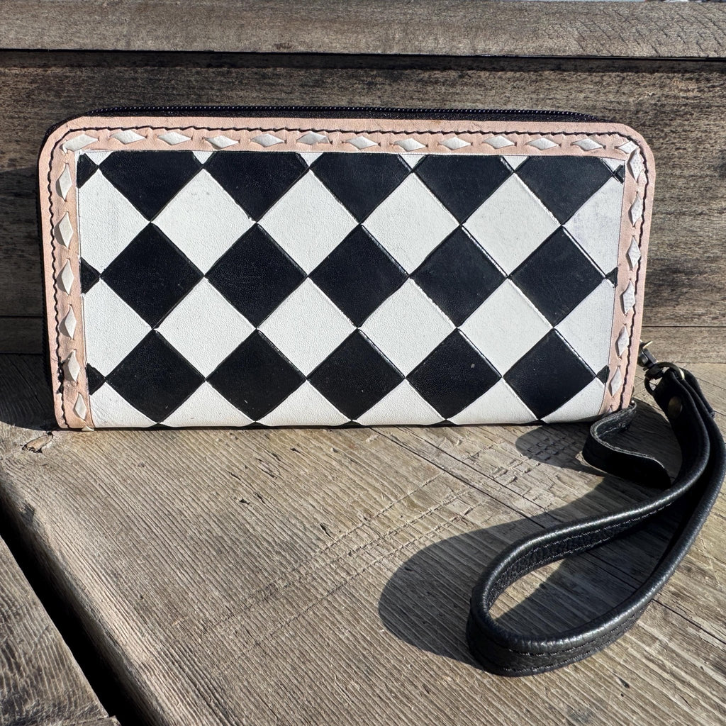 Checkered Black and White Genuine Leather Western Purse, Wallet, OR Clutch by Double B Wild Rags - Rooted & Reckless Co.