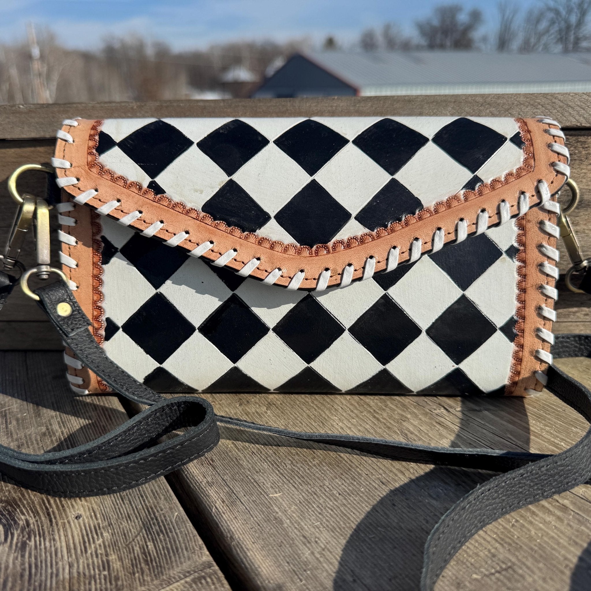 Checkered Black and White Genuine Leather Western Purse, Wallet, OR Clutch by Double B Wild Rags - Rooted & Reckless Co.