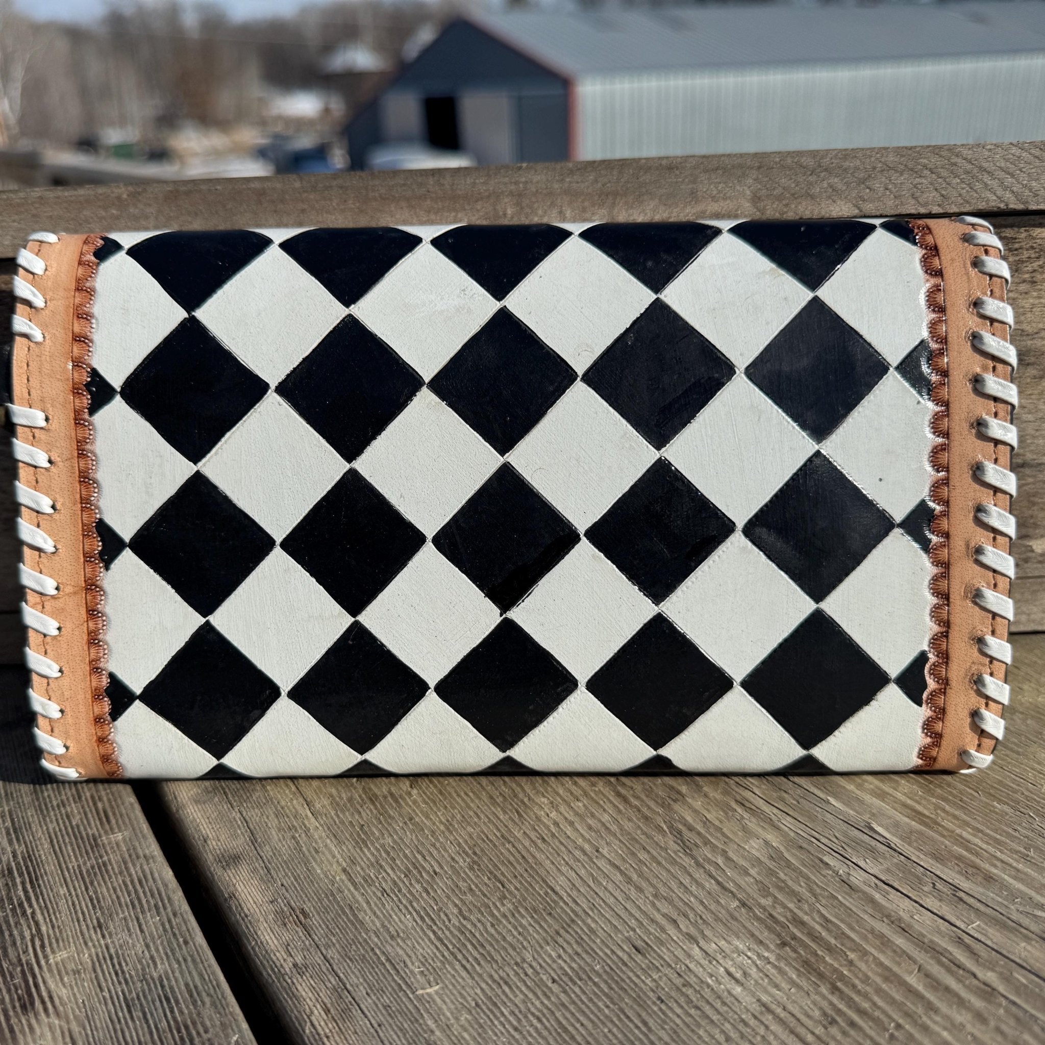 Checkered Black and White Genuine Leather Western Purse, Wallet, OR Clutch by Double B Wild Rags - Rooted & Reckless Co.