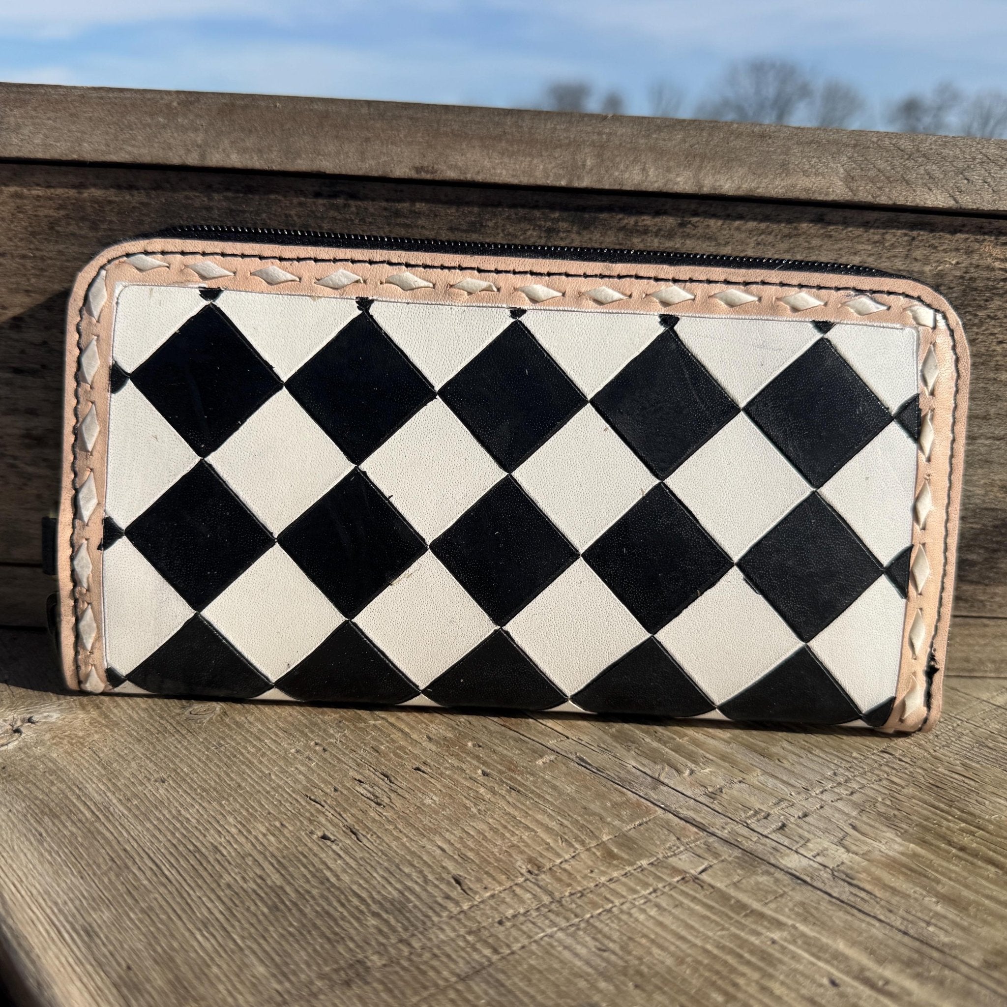 Checkered Black and White Genuine Leather Western Purse, Wallet, OR Clutch by Double B Wild Rags - Rooted & Reckless Co.