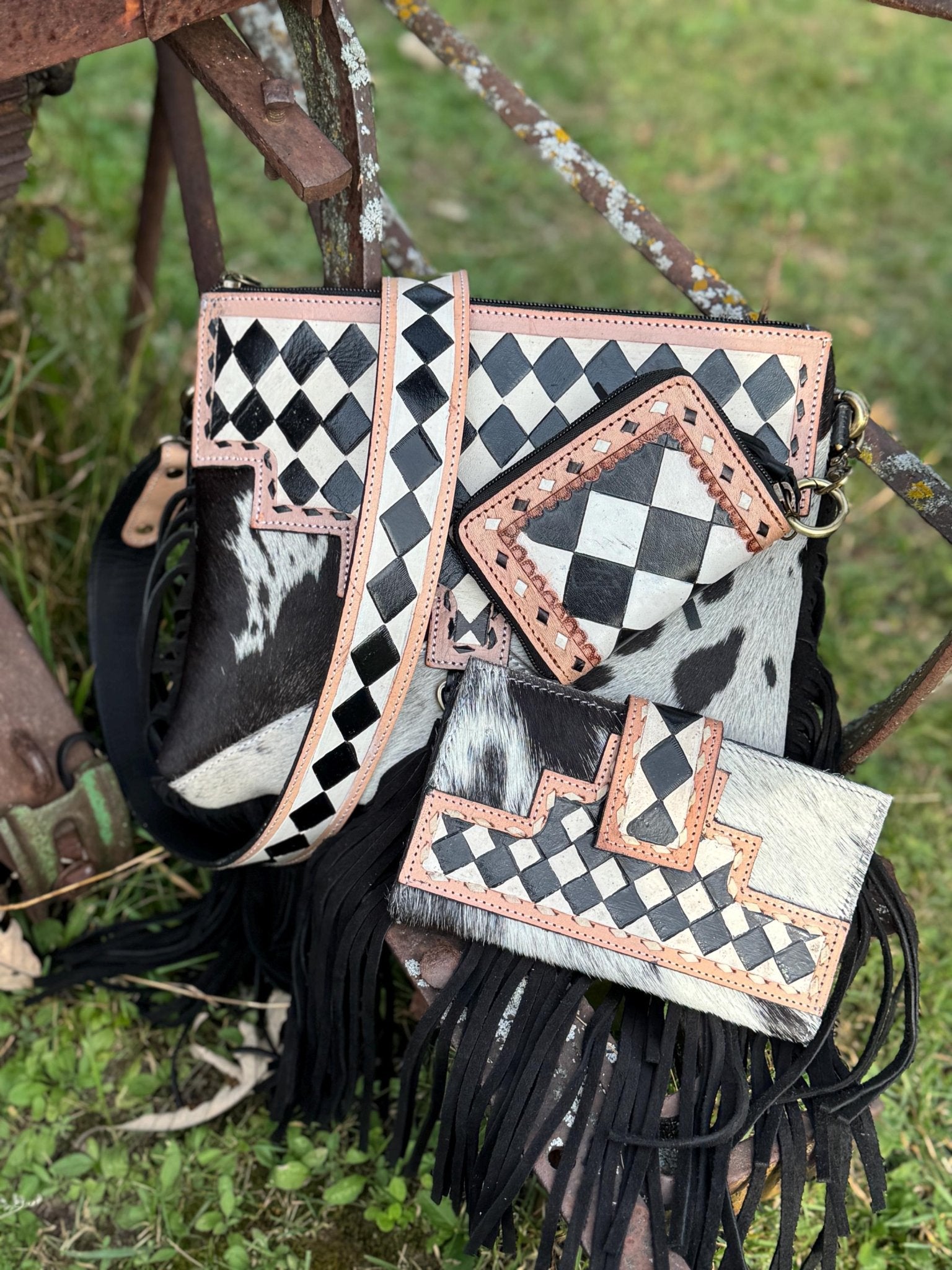 Checkered Black and White Genuine Western Leather Purse and Wallet Set by Double B Wild Rags - Rooted & Reckless Co.