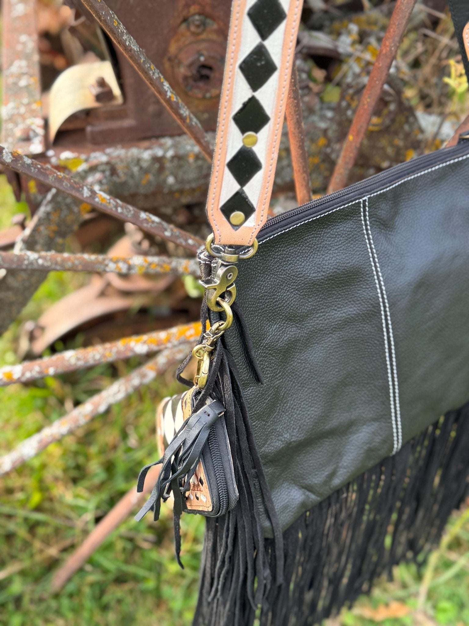 Checkered Black and White Genuine Western Leather Purse and Wallet Set by Double B Wild Rags - Rooted & Reckless Co.