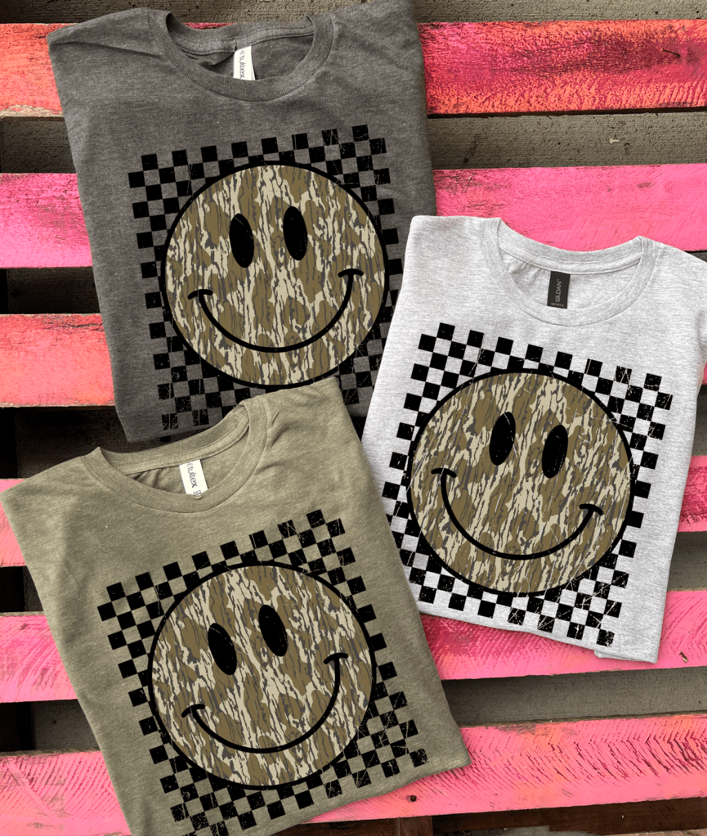 Checkered Camo Smiley Face- 3 Color Options - Rooted & Reckless Co.