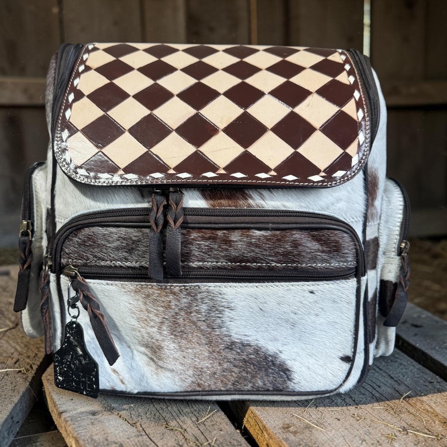Checkered Genuine Cowhide Leather Backpack by Double B - Rooted & Reckless Co.