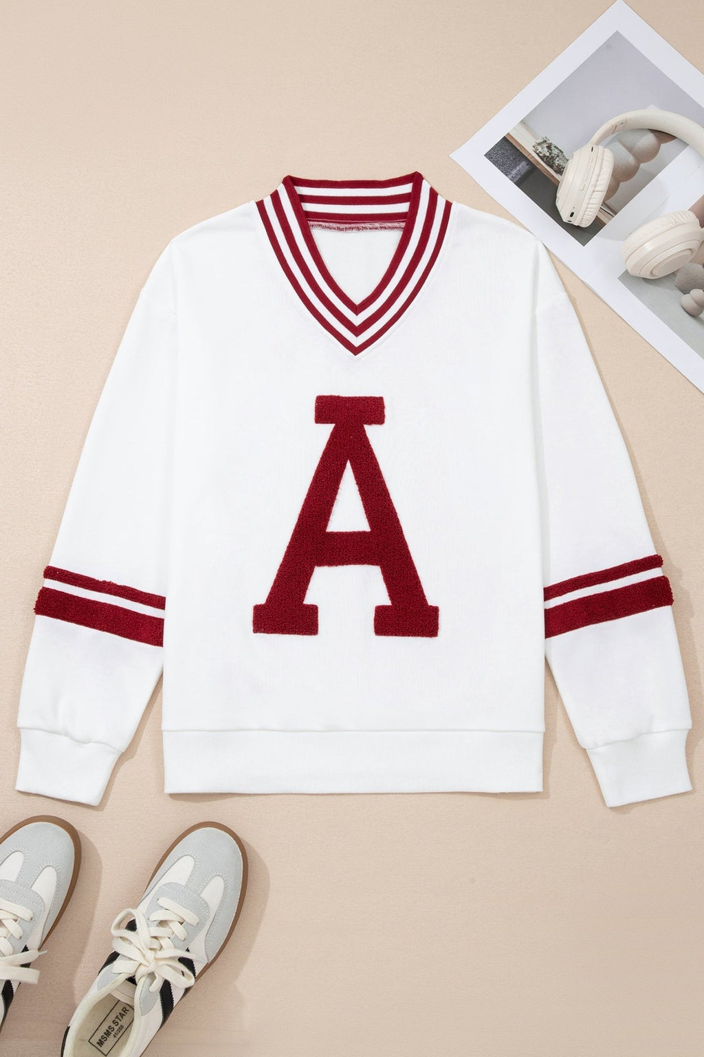 Chenille Varsity Stripe V-Neck Puff Sleeve Sweatshirt - Rooted & Reckless Co.