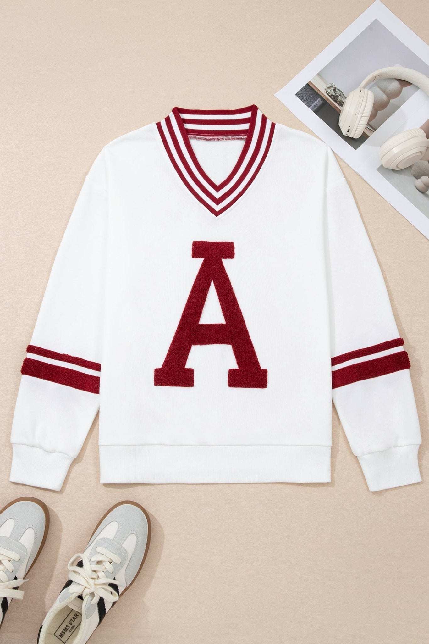 Chenille Varsity Stripe V-Neck Puff Sleeve Sweatshirt - Rooted & Reckless Co.
