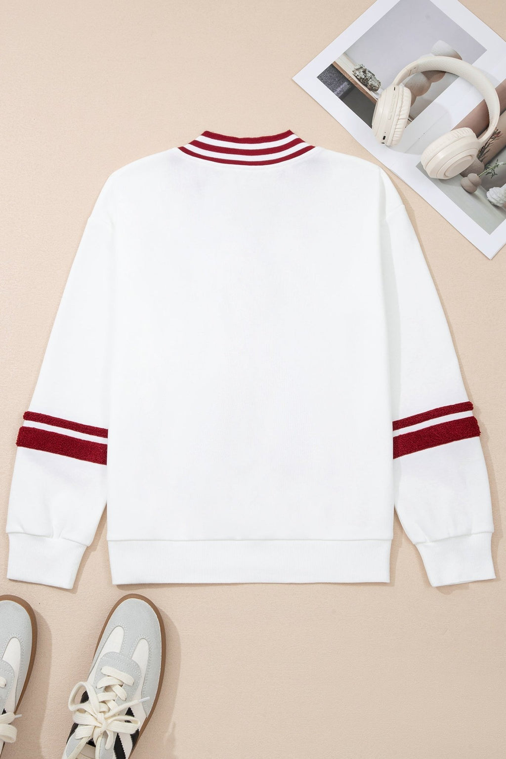 Chenille Varsity Stripe V-Neck Puff Sleeve Sweatshirt - Rooted & Reckless Co.